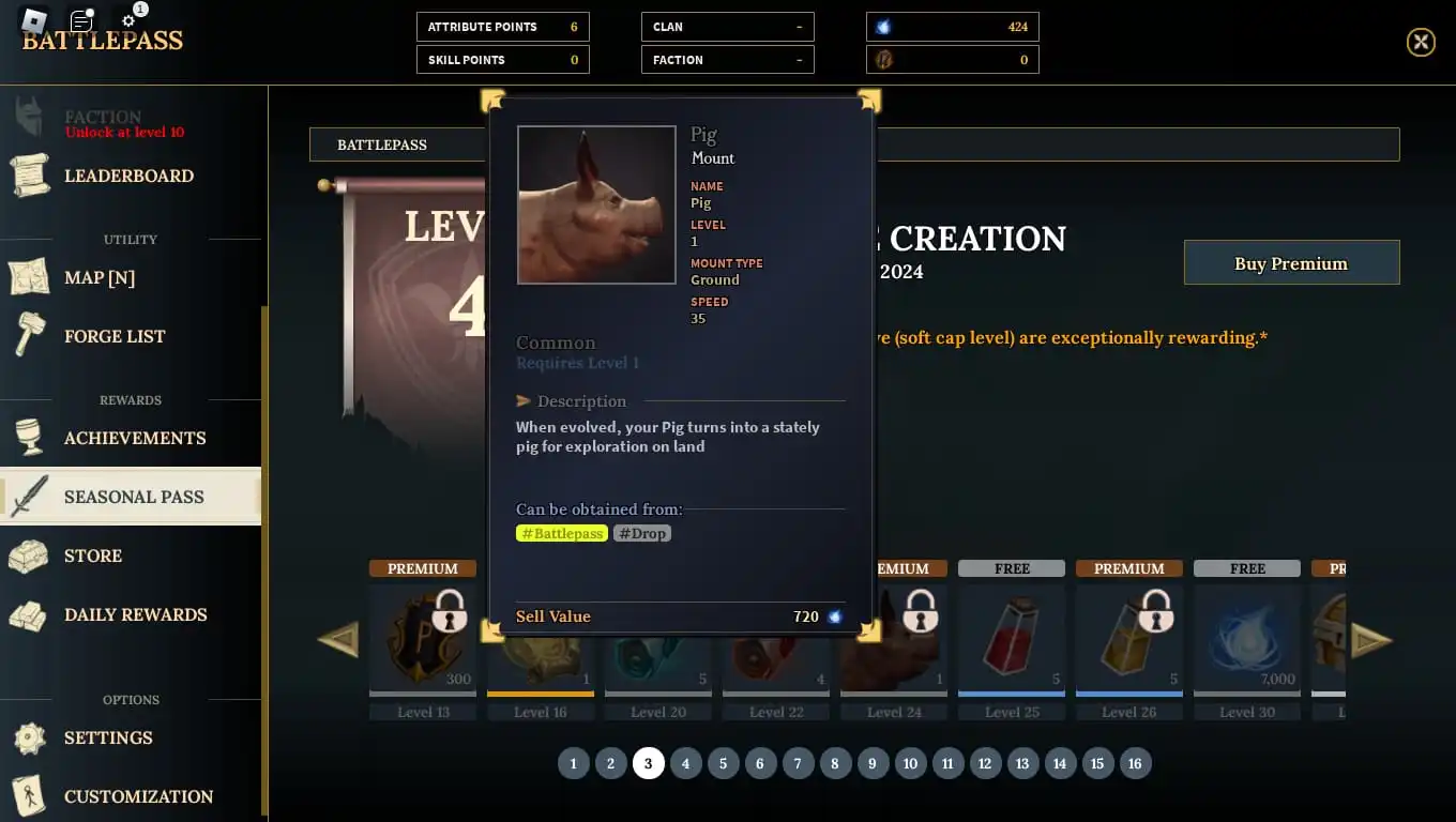 Picture showing the in-game seaonal pass or battle pass in Devas of Creation.