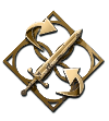 A golden symbol from Enotria with a sword and two arrows surrounding it. This is the Duelist's Virtue