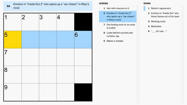 The clue, the emotion who caused a 'sar-chasm' in inside out 2, highlighted in blue and yellow from the nyt mini crossword puzzle