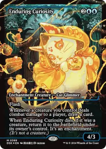 A glimmer cat in gold with gold head dress and gold magic in MTG Duskmourn set