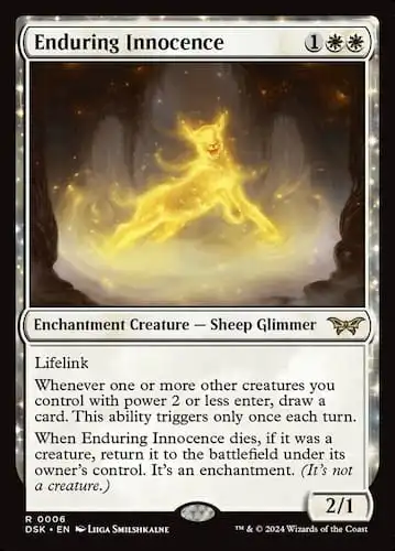 A Glimmer sheep in a foggy cave with spikes and rocks through MTG Duskmourn set