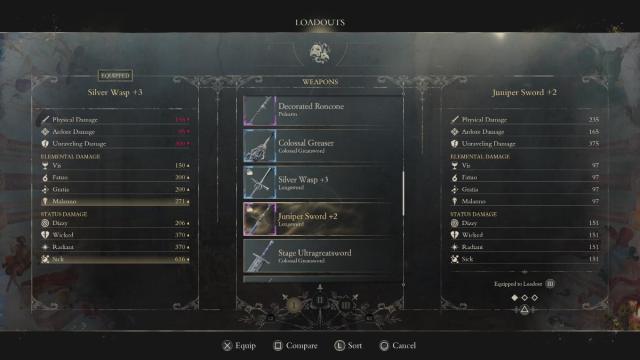 Hovering over the Juniper Sword in the weapons menu of Enotria