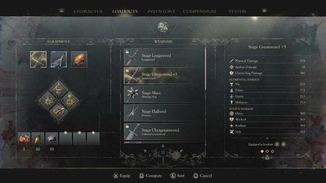 Equipment and Weapons menu in Enotria with Stage Greatsword selected