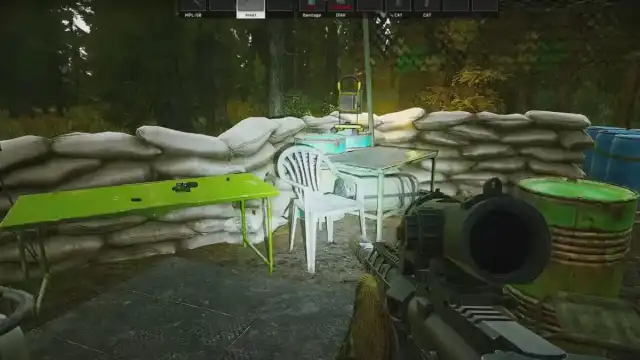 An image from Escape From Tarkov of a white lawn chair, which holds a poster to complete a quest.