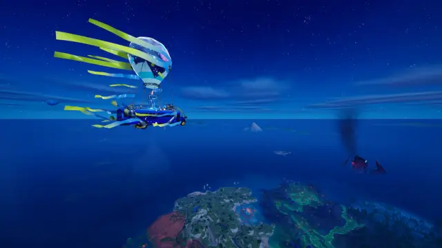 Picture showing the Birthday Battle Bus flying over the island in Fortnite.