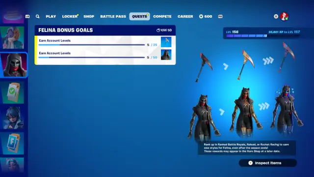 The quest list to unlock the Felina skin in Fortnite.