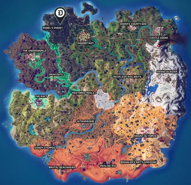 Picture showing the exact in-game location of the Memorial Statue in Fortnite.