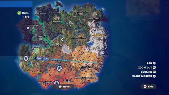 A Fortnite map with three locations marked.