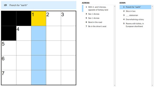 Picture showing the French for earth clue in NYT Mini Crossword.