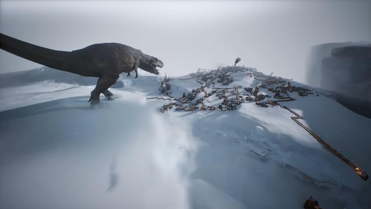 A tyrannosaurus approaching a Frostpunk 2 city