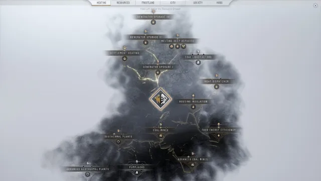 A screenshot from the Frostpunk 2 Idea tree, showing readers all of the hidden options