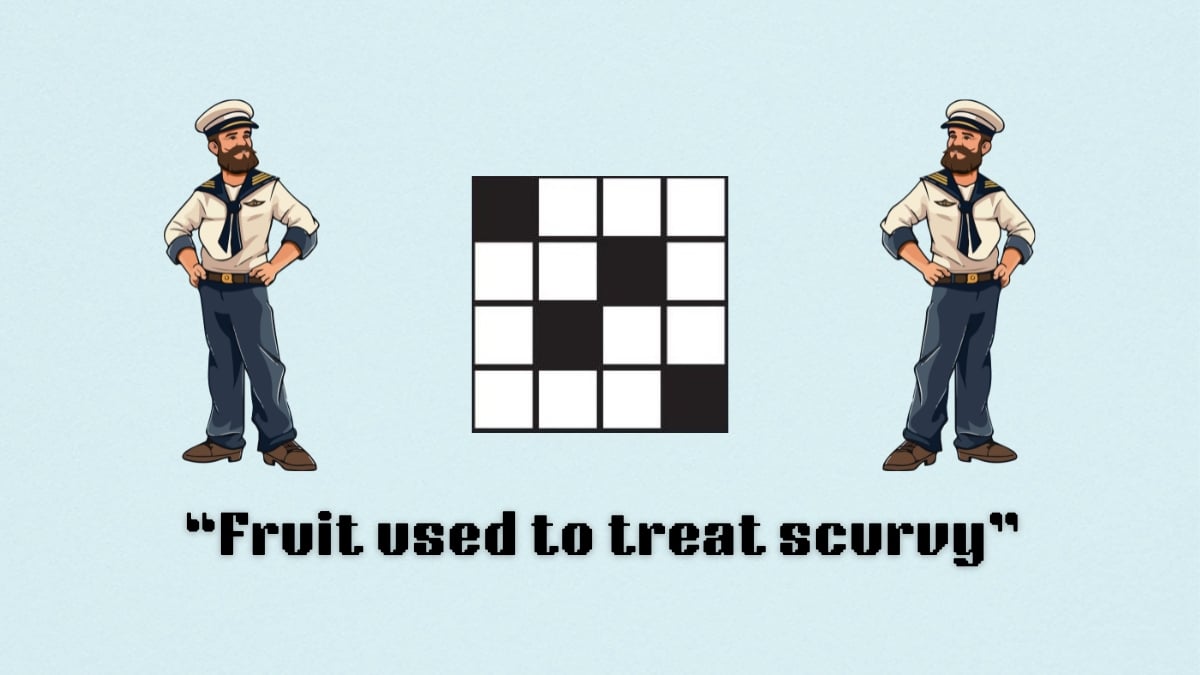 Two sailors standing above the clue, fruit used to treat scurvy, from the nyt mini crossword puzzle