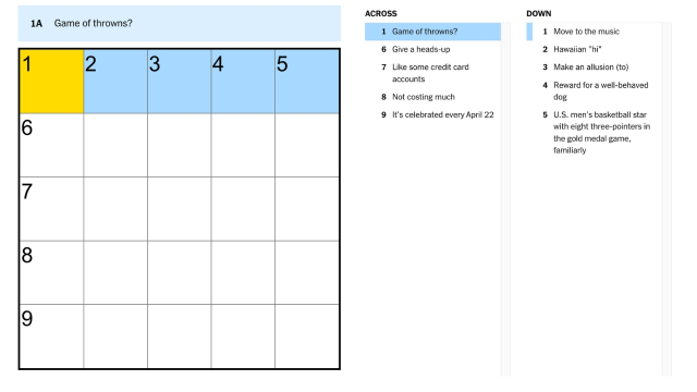 The clue game of throwns highlighted in blue and yellow on the nyt mini crossword puzzle
