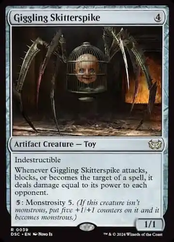 Baby doll head with spikes in cage that has spider legs made out of metal in Dukmourn MTG set