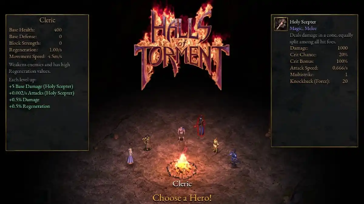 Six pixelated characters sitting around a fire with Halls of Torment written in the background showcasing the Cleric