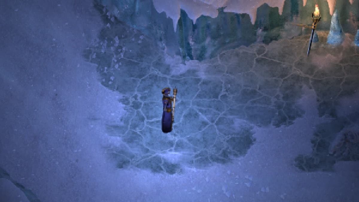 Player character standing in a frozen cave looking towards the right