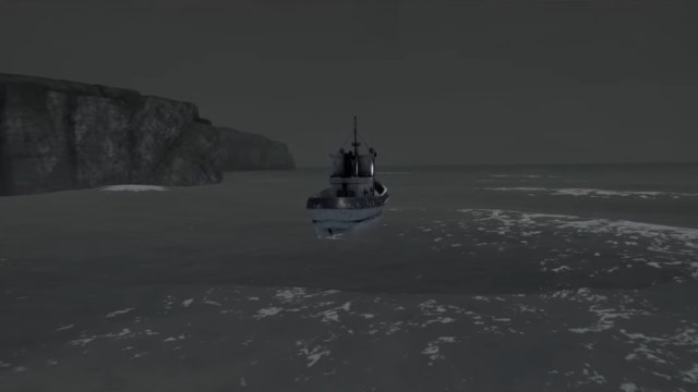 The boat driving off into open water in Woof ending