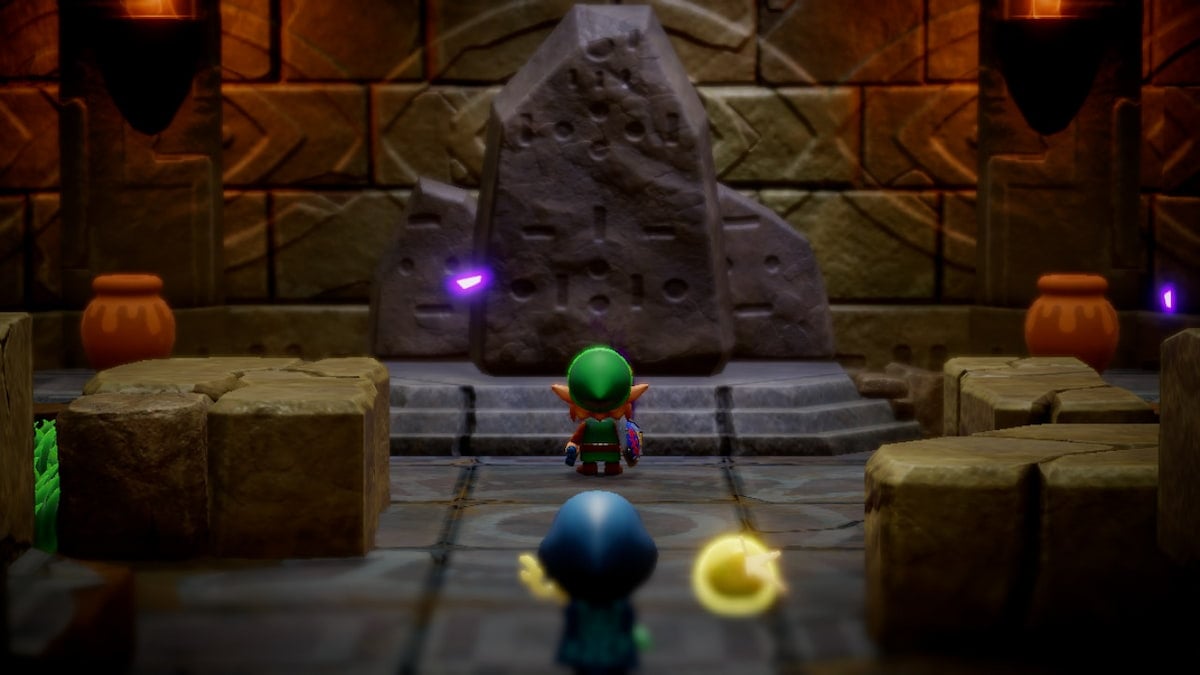 A cartoon link stands in frpmt pf a large rock