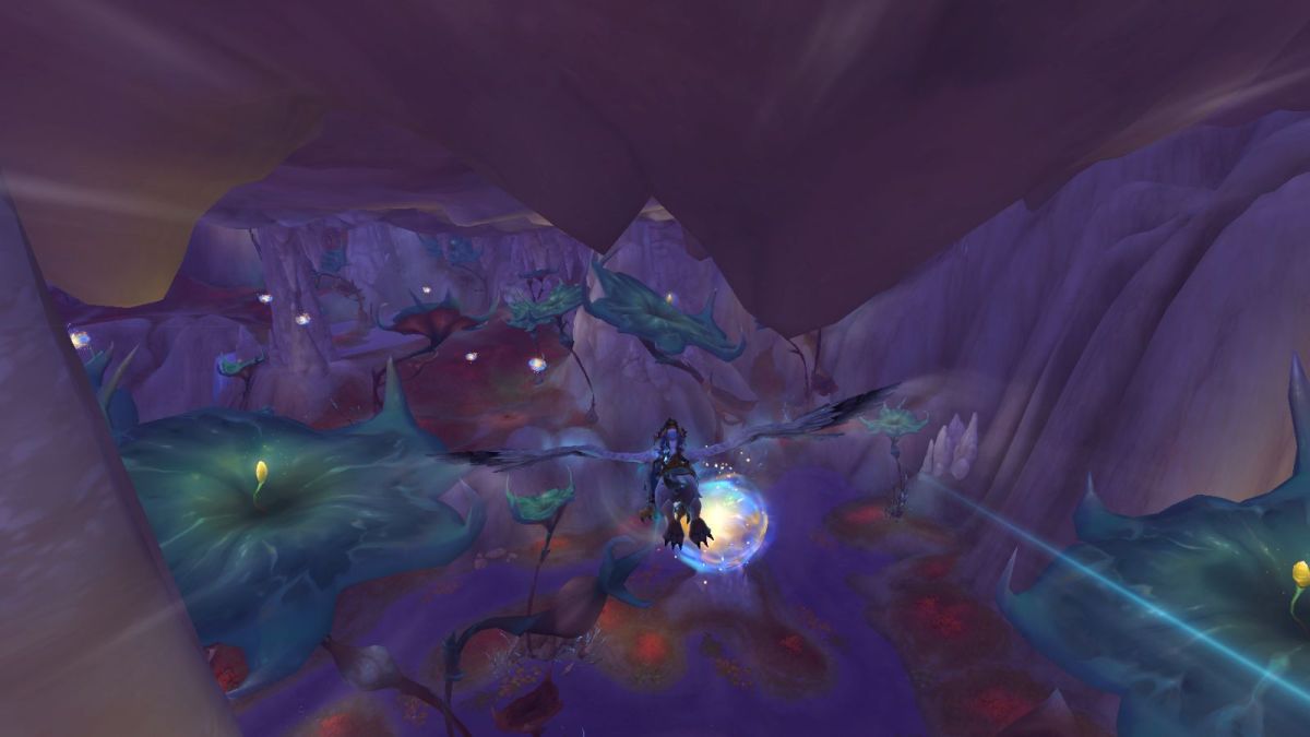 World of Warcraft character flying through Hallowfall.