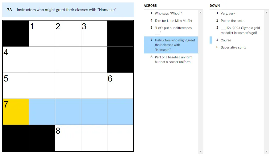 Picture showing the 'Instructors who might greet their classes with Namaste clue in NYT Mini Crossword.