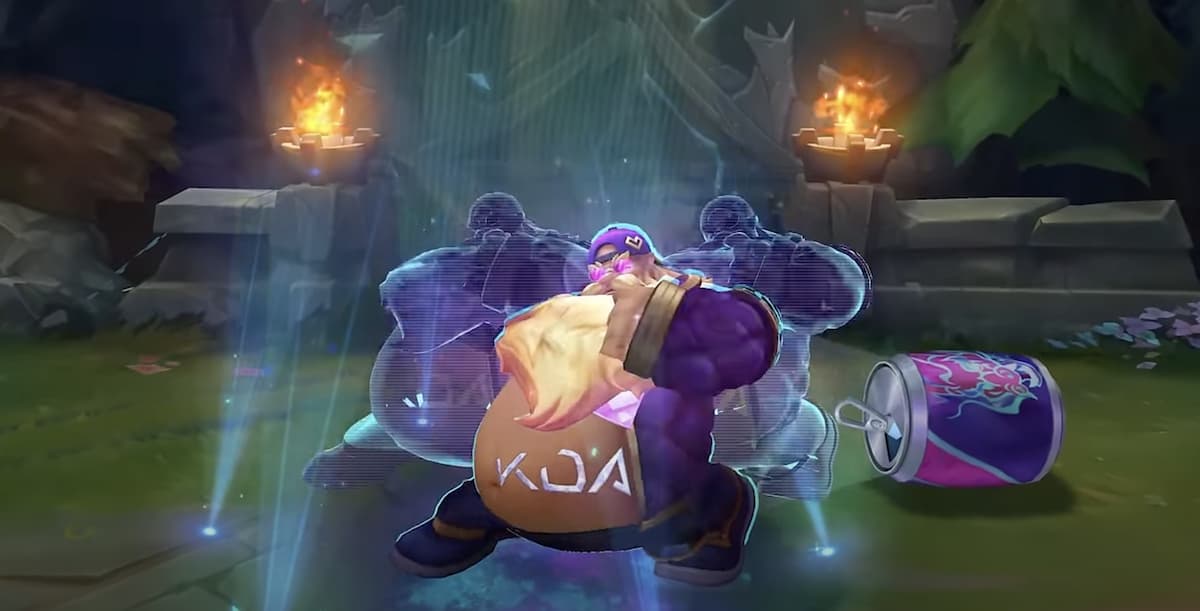 Screenshot of LoL Music Fan Gragas skin dancing on Summoner's Rift, with K/DA seemingly tattooed on his belly.