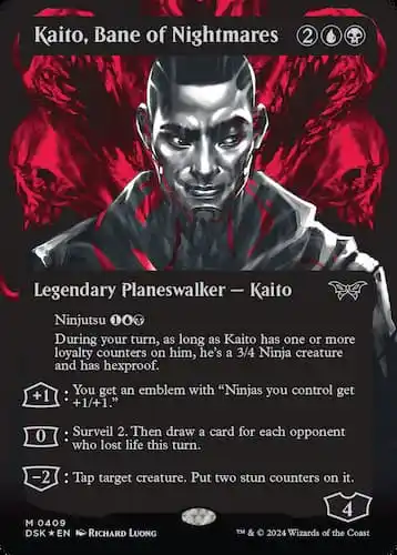 Kaito face in black and white with red nighmare creatures behind him in MTG Duskmourn set