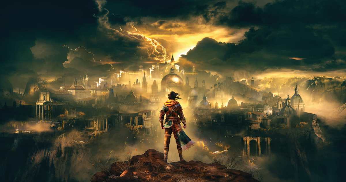 GreedFall 2 promotional art, showing a character staring at a landscape with dark stormy skies. Bright yellows accent clouds on the horizon