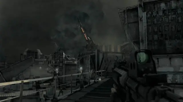 A dark shot of a city behind destroyed by war from a first-person perspective, with character holding an AR