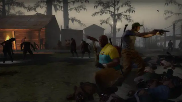 Two characters standing back to back, surrounded by zombie bodies, with the undead walking towards them in distance