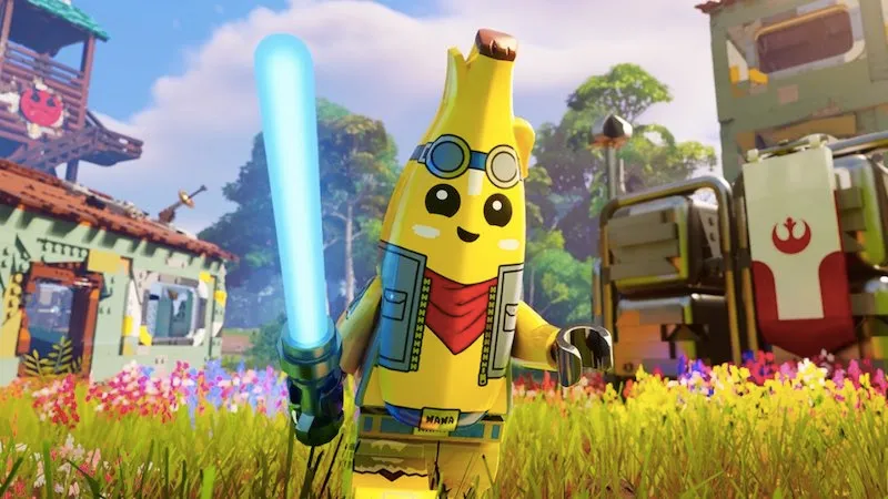 Peely from Fortnite appears as a LEGO character with a lightsaber.