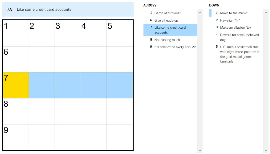 Picture showing the Like some credit card accounts clue in NYT Mini Crossword.