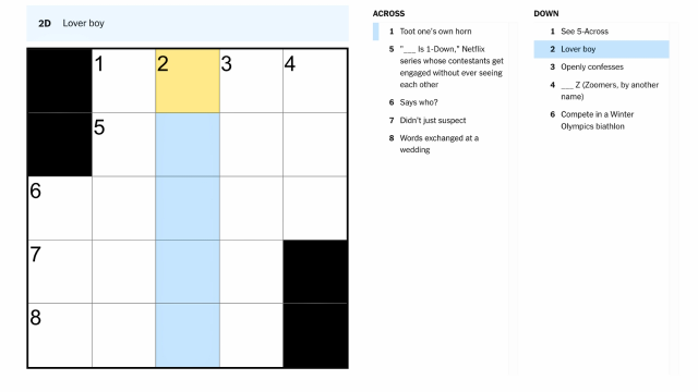 the clue, lover boy, highlighted in blue and yellow on the NYT mini crossword puzzle