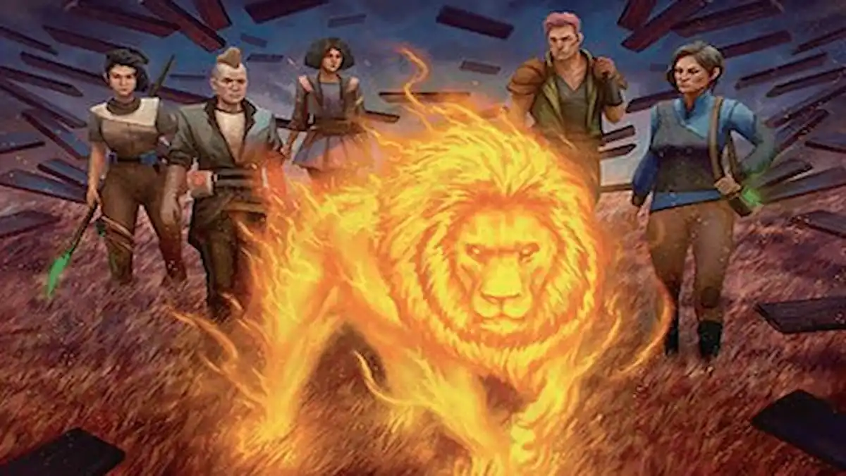 Three human females and two males with weapons standing behind fire cat glimmer in MTG Duskmourn House of Horror set