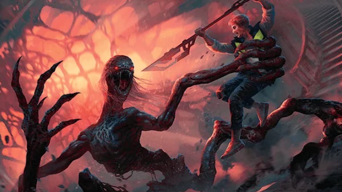 Large monster with four long fingers getting attacked by human with spear in MTG Duskmourn set