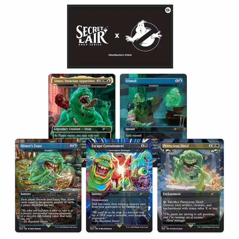 Image of all Slimer cards in MTG Secret Lair Ghostbusters drop