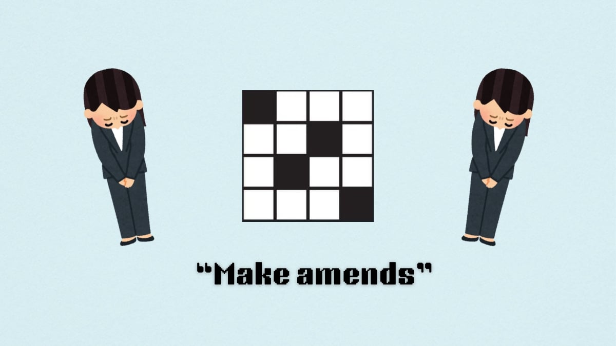 A women bowing above the clue, make amends, from the NYT Mini Crossword puzzle