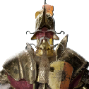 An image showing a roman general with gold plates and red accents. This is the Guise of Spaventa from Enotria: The Last Song