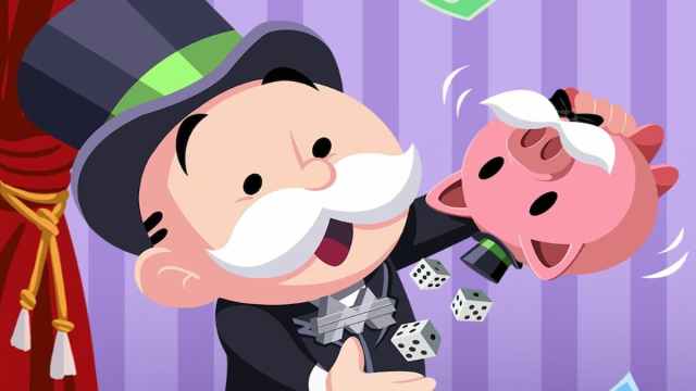 Mr. M shaking a piggy bank upside down to get dice and cash from it in Monopoly GO