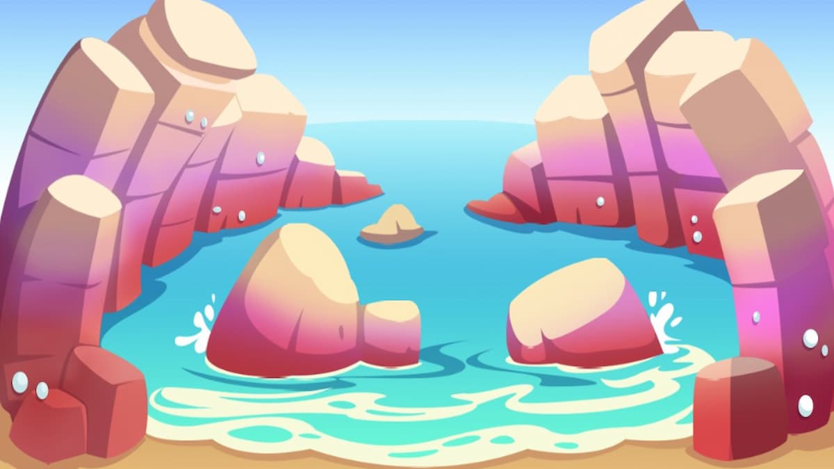 Rocks and reef on beach with blue water in Monpoly GO