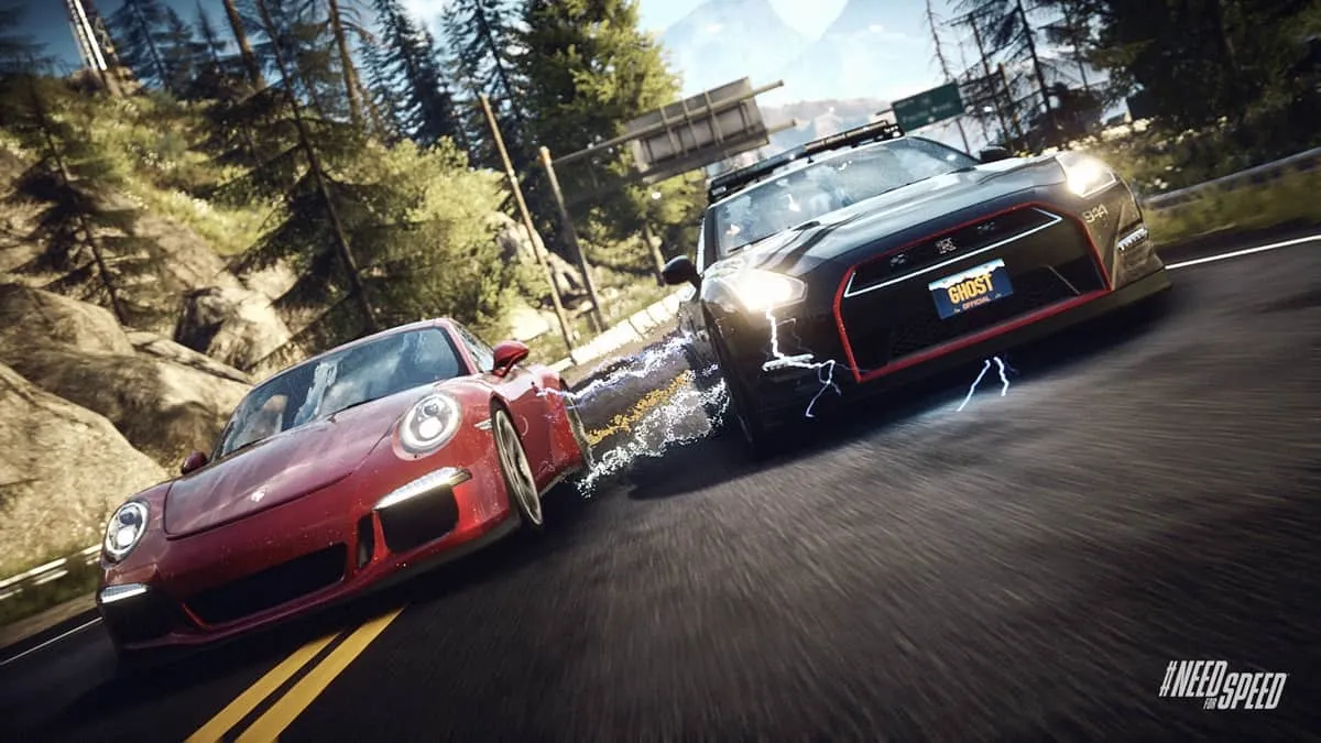 Red sports car speeding alongside a black sports car on the street with trees in the background