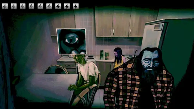 Looking into the bearded man's eye with amogus guy and little girl in the background of the kitchen