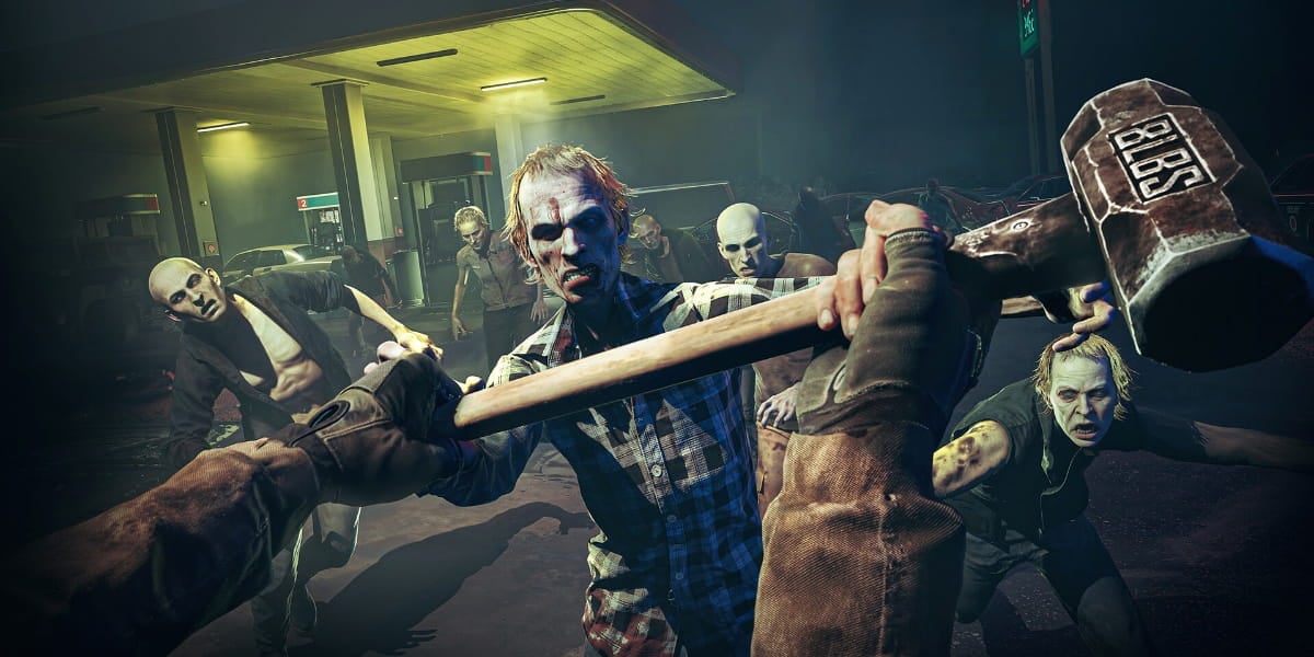 The player character wielding a sledgehammer as a horde of zombies close in