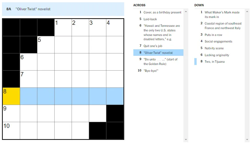 Picture showing the Oliver Twist novelist clue in NYT Mini Crossword.