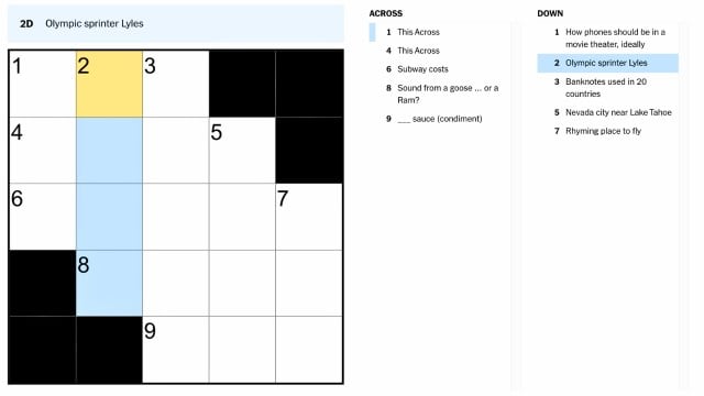 The clue, Olympic sprinter Lyles highlighted in blue and yellow on the NYT mini crossword puzzle