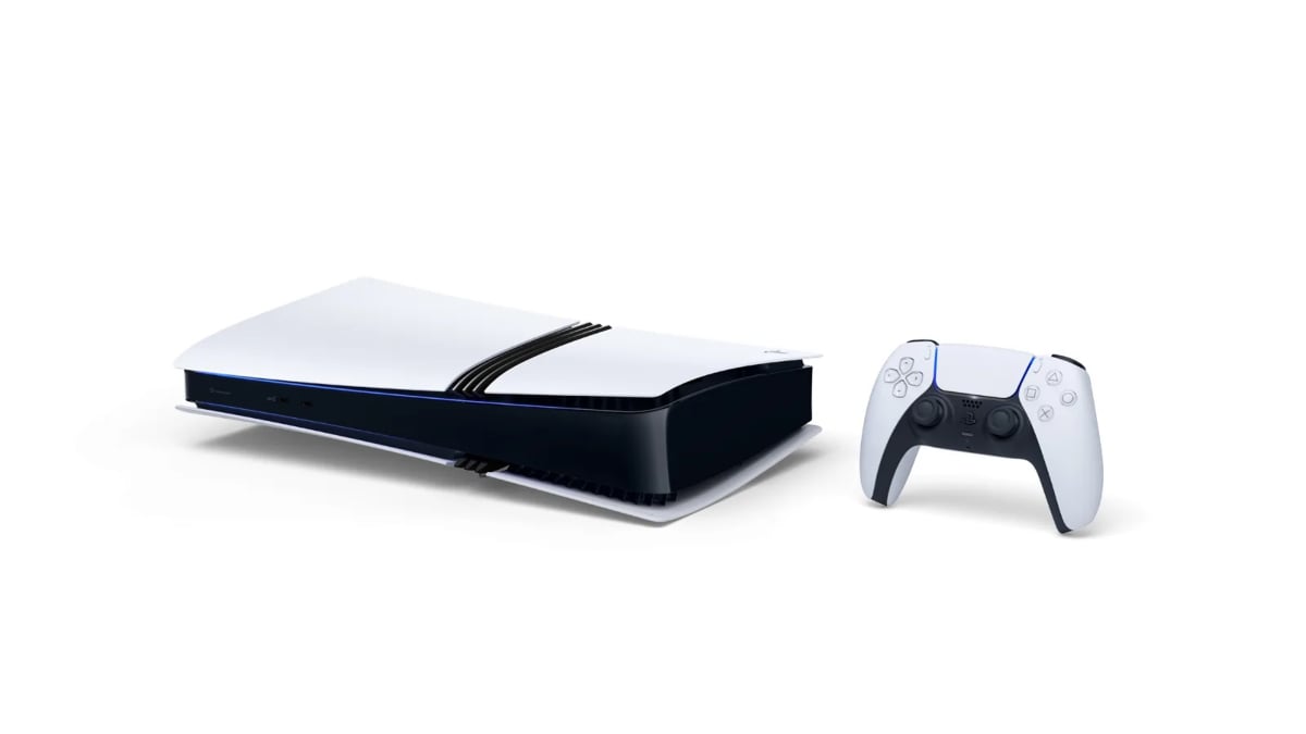 The PS5 Pro shown horizontally and a Dualsense controller.