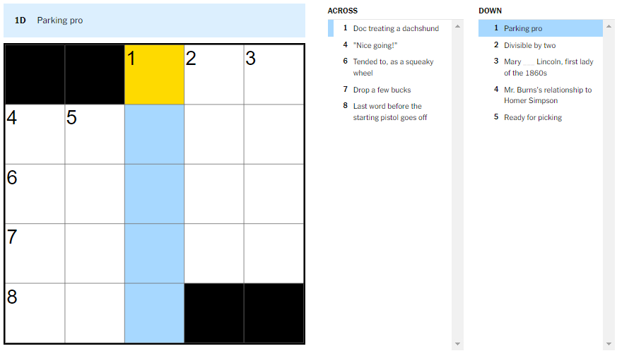 Picture showing the Parking Pro clue in NYT Mini Crossword puzzle.