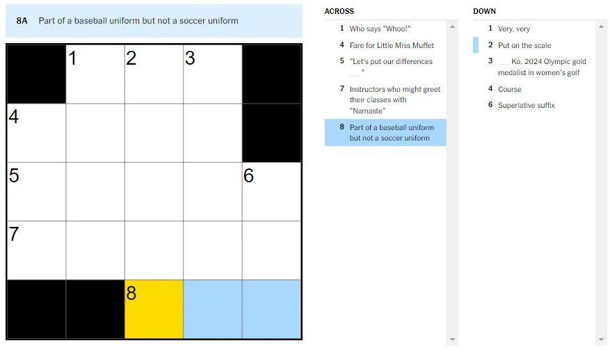 Picture showing the part of a baseball uniform but not a soccer uniform clue in NYT Mini Crossword.