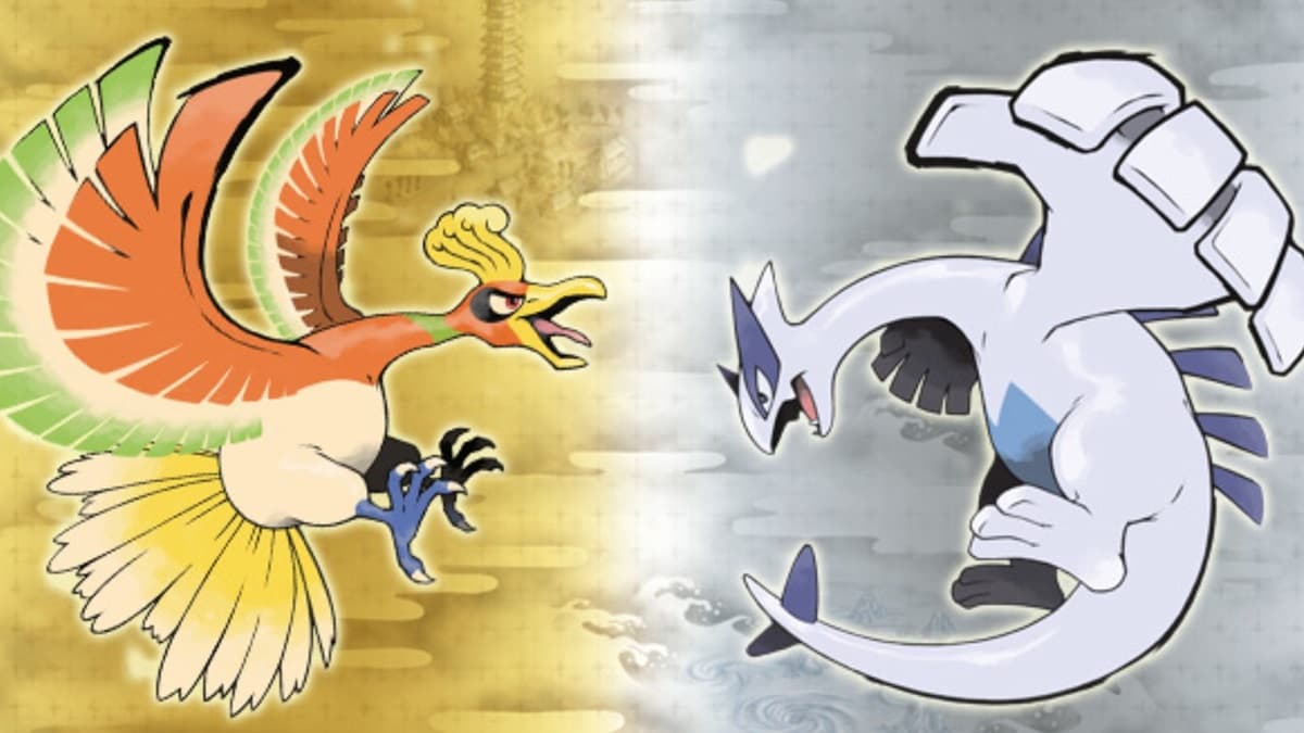 The Pokémon Ho-oh and Lugia facing each other with a barrier between them