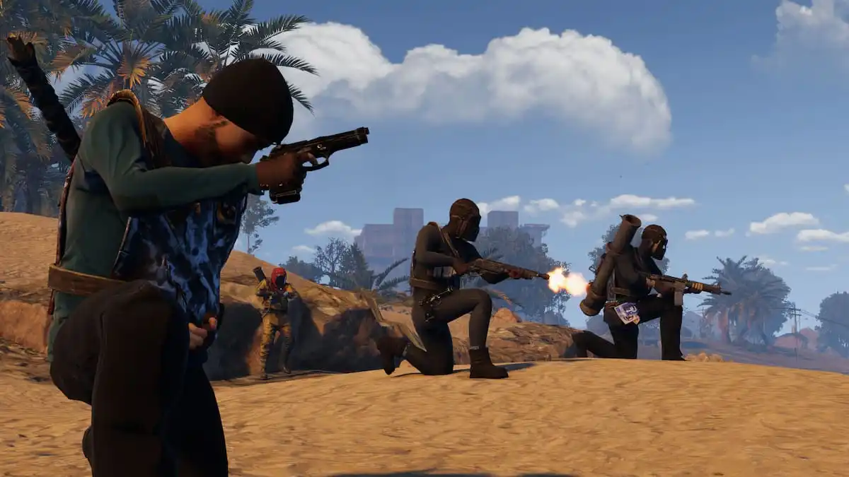 Rust gameplay, players formed together with guns and armor