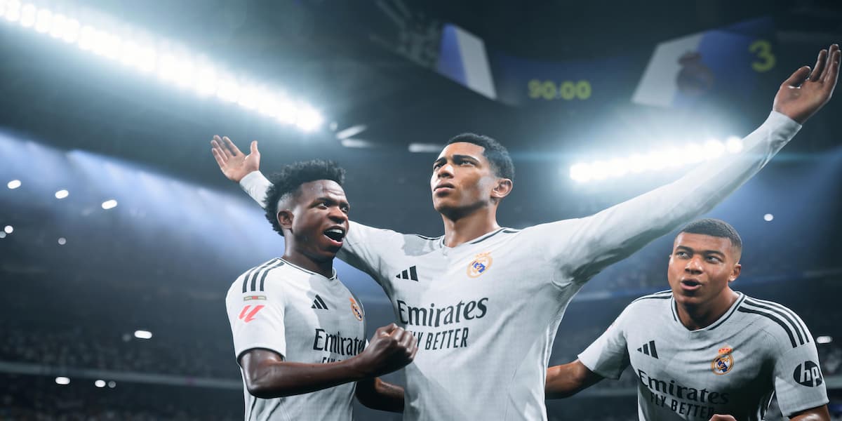 Bellingham, Vinicius Jr., and Kylian Mbappe celebrate together